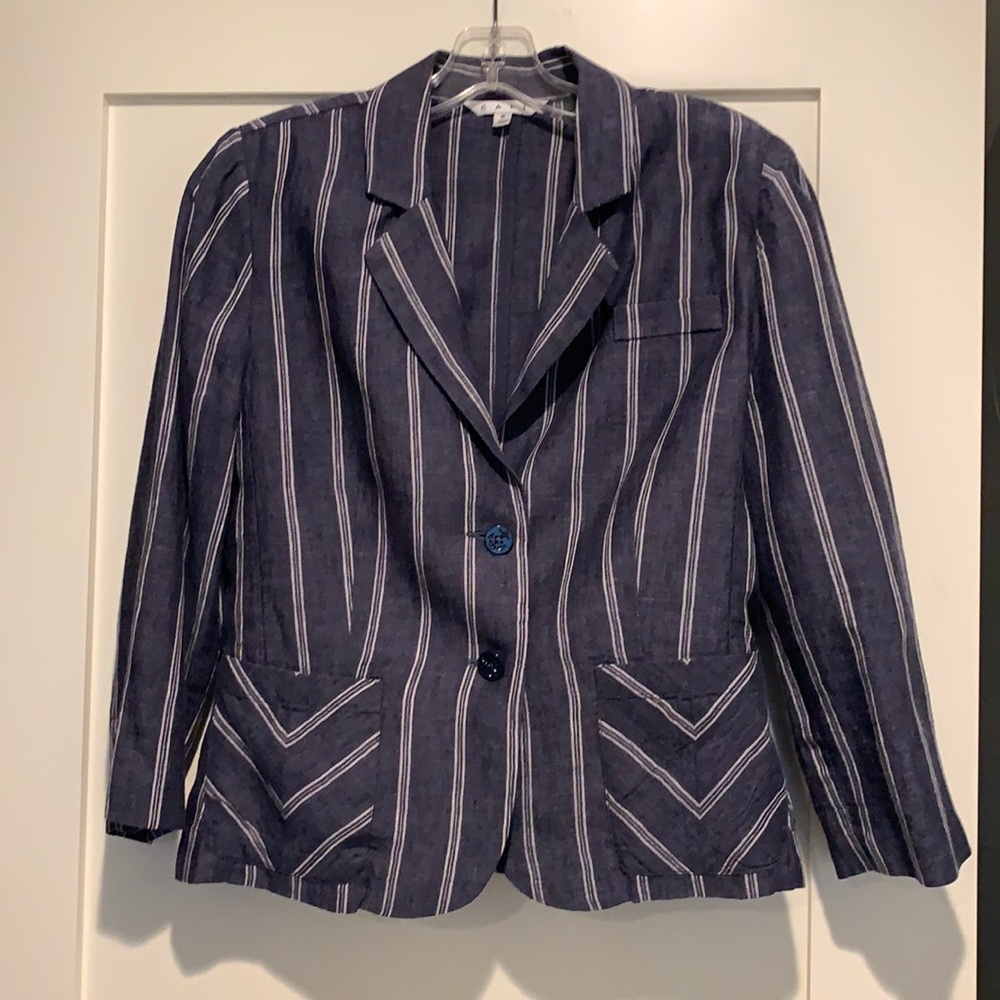CAbi Nautical Striped Linen Blazer in Navy